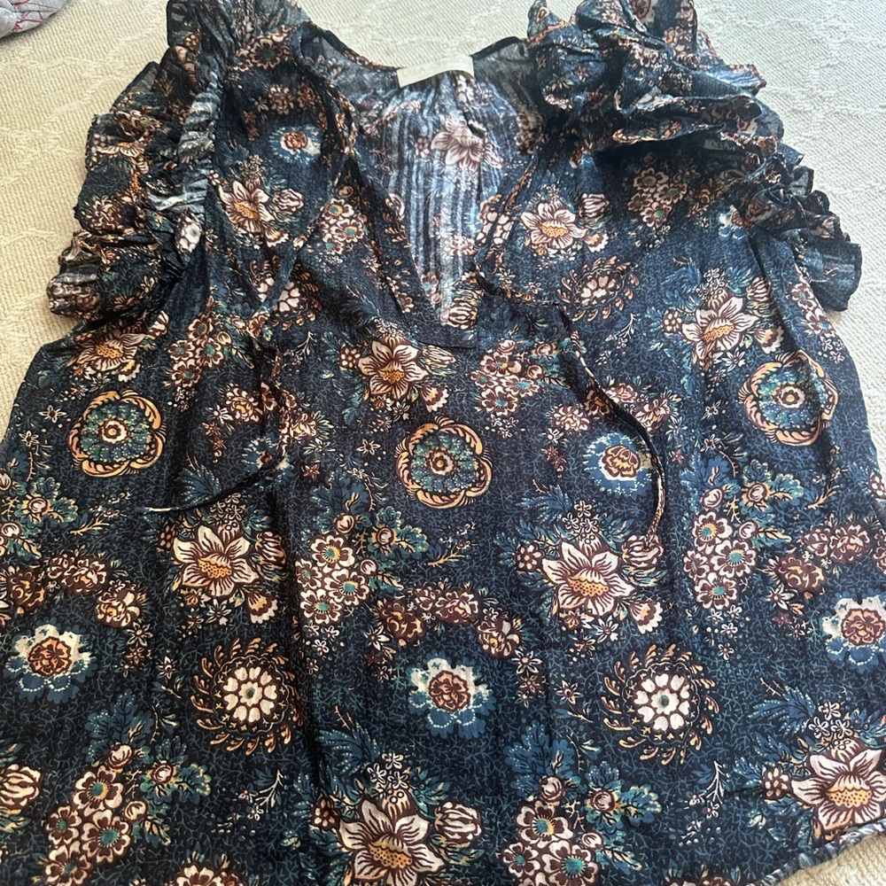 Ulla Johnson Floral Ruffle Blouse - Blue and Brown